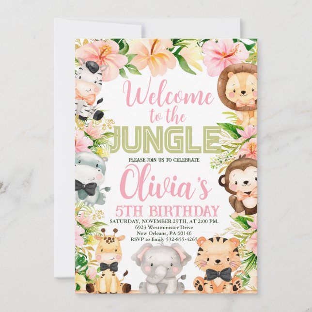 Jungle Safari Birthday, Any Age, Jungle Animals Invitation (Front)