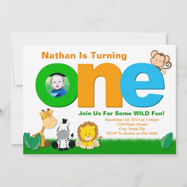 Jungle Safari Birthday Invitation, 1st Birthday Invitation (Front)