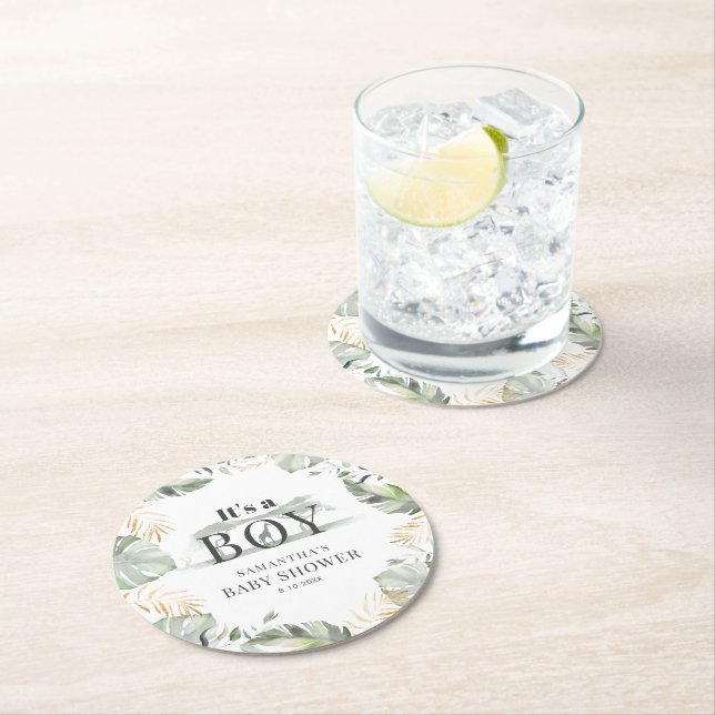 Jungle Safari Botanical Boy Baby Shower Round Paper Coaster (Insitu)
