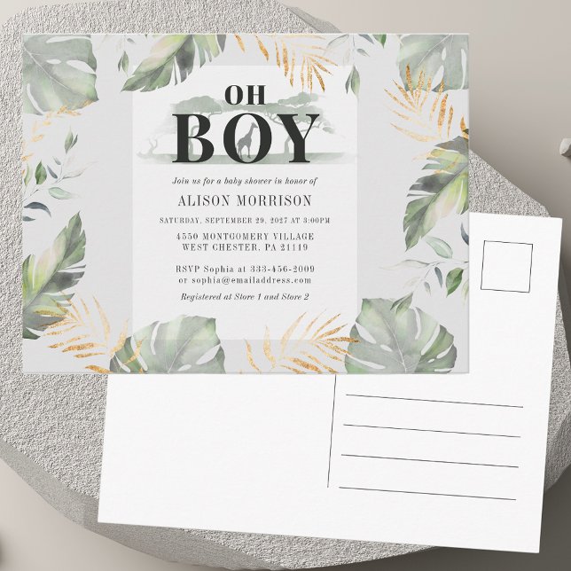 Jungle Safari Botanical Boy Giraffe Baby Shower Invitation Postcard (Jungle Safari Botanical Boy Giraffe Baby Shower Invitation Postcard)