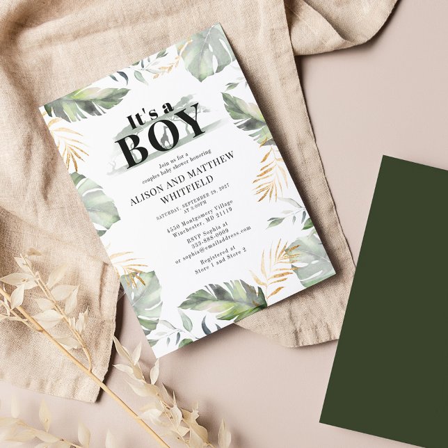 Jungle Safari Botanical Palm Leaves Baby Shower Invitation (Botanical Palm Leaves Couples Boy Baby Shower Invitation)