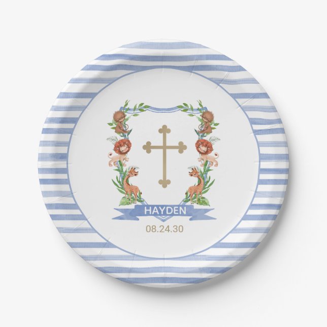 Jungle Safari Crest Boy Baptism Paper Plate (Front)