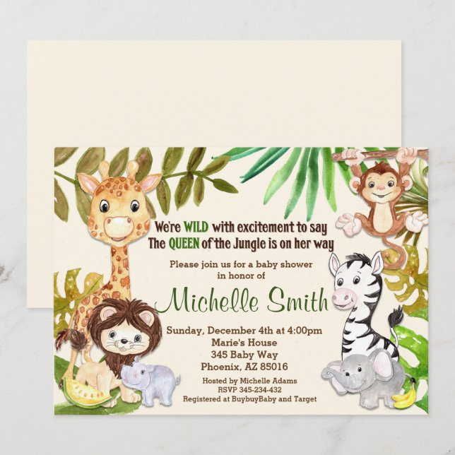 Jungle Safari Girl Queen of Jungle Baby Shower Invitation (Front/Back)