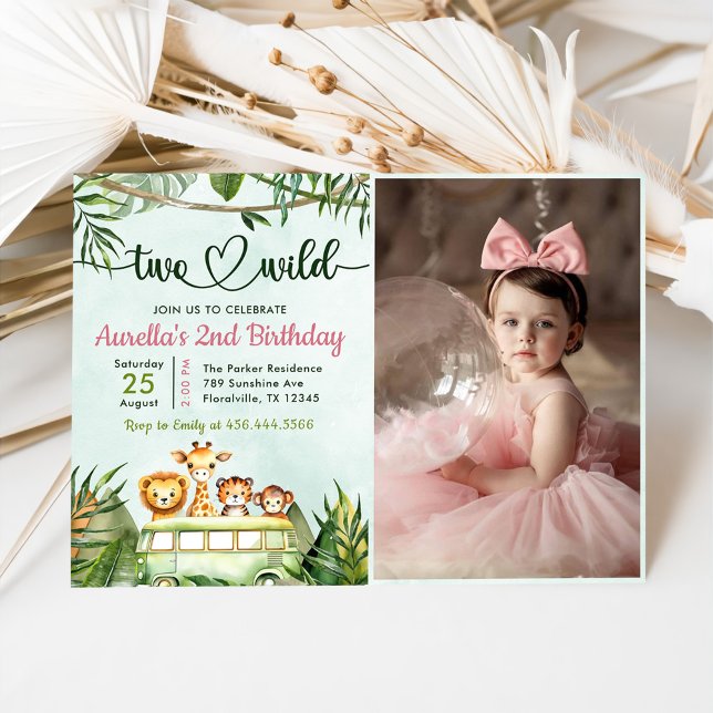 Jungle Safari Girl Two Wild 2nd Birthday Photo Invitation (Creator Uploaded)
