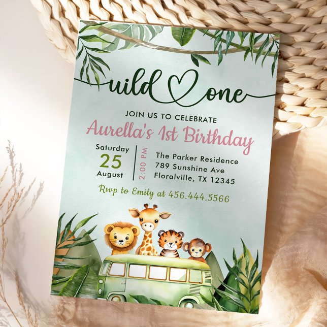 Jungle Safari Girl Wild One 1st Birthday Invitation (Creator Uploaded)