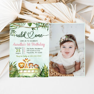 Jungle Safari Girl Wild One 1st Birthday Photo Invitation
