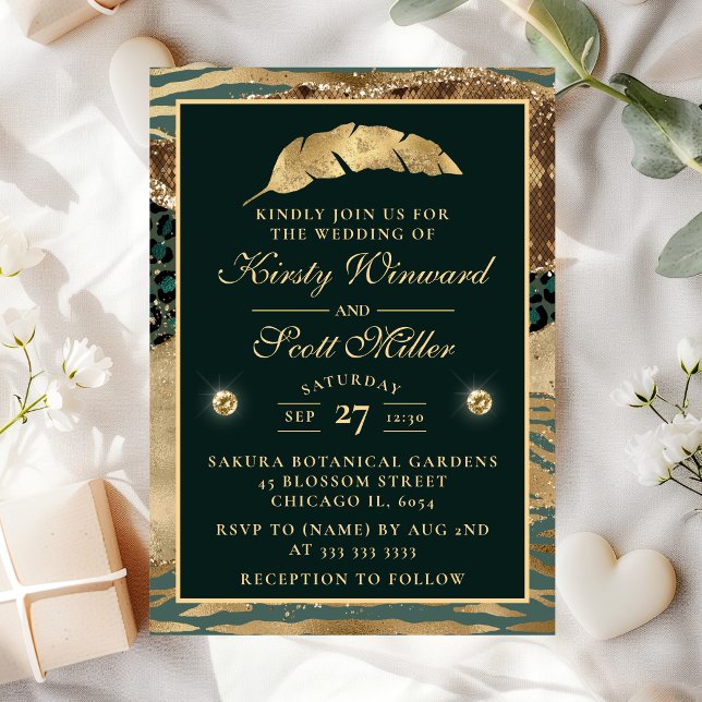 Jungle Safari Green Beige Glitter Agate Wedding Invitation (Creator Uploaded)