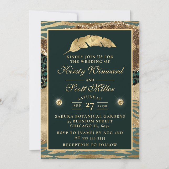 Jungle Safari Green Beige Glitter Agate Wedding Invitation (Front)