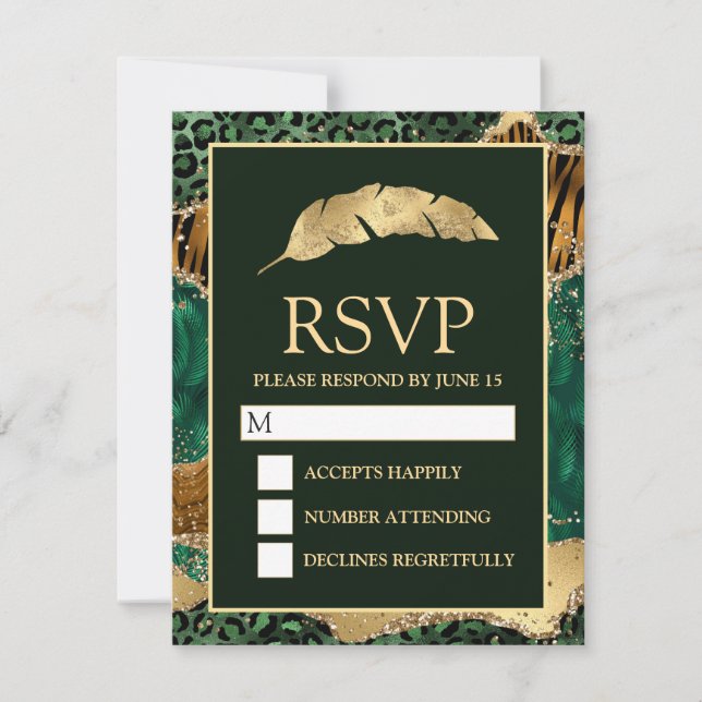 Jungle Safari Green Gold Glitter Agate Wedding RSVP Card (Front)