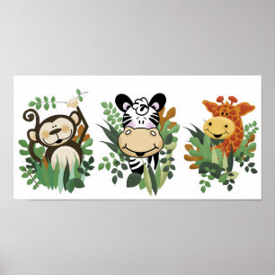 JUNGLE SAFARI MONKEY, ZEBRA & GIRAFFE ART POSTER