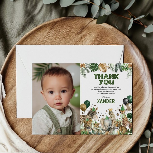 Jungle Safari Party Animals Boy Birthday Photo Thank You Card (Creator Uploaded)