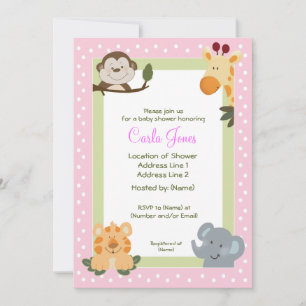 Jungle Safari Pink 5x7 Baby Shower Invitations