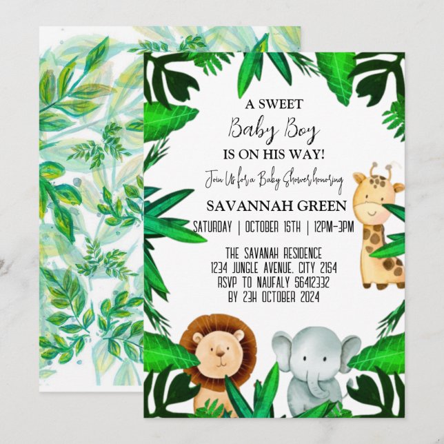 Jungle Safari Tropical Animal Wild Boy Baby Shower Invitation (Front/Back)