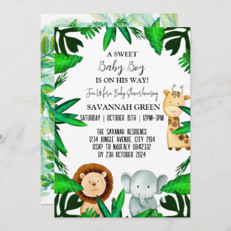 Jungle Safari Tropical Animal Wild Boy Baby Shower Invitation