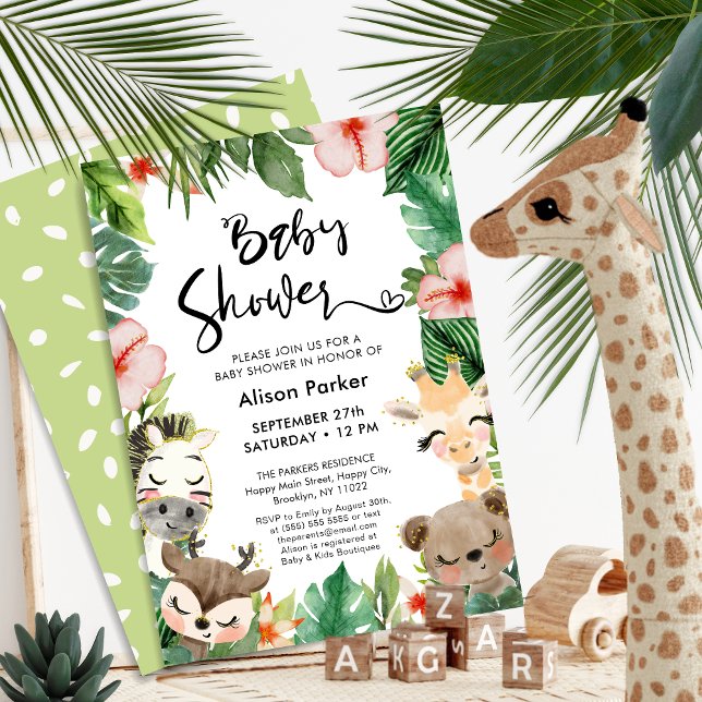 Jungle Safari Tropical Floral Greenery Baby Shower Invitation (Creator Uploaded)