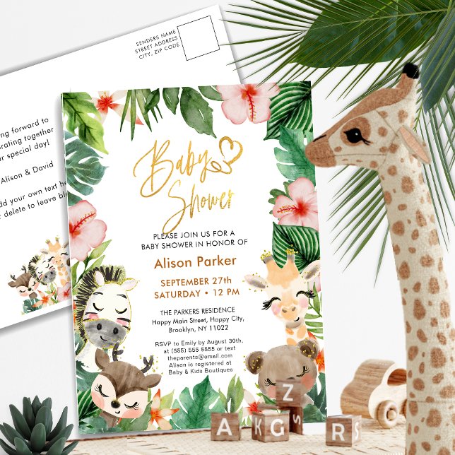 Jungle Safari Tropical Floral Greenery Baby Shower Invitation Postcard (Creator Uploaded)