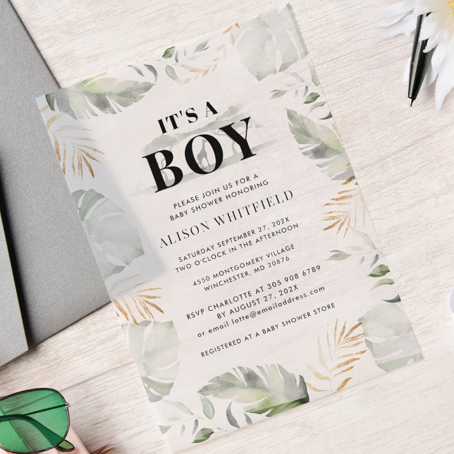 Jungle Safari Tropical Palms Boy Baby Shower Vellum Invitations (Jungle Animal Giraffe Boy Baby Shower Invitation)
