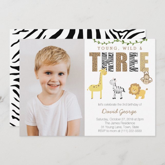 Jungle Safari Wild 3rd Birthday Party for Boy Invitation (Front/Back)