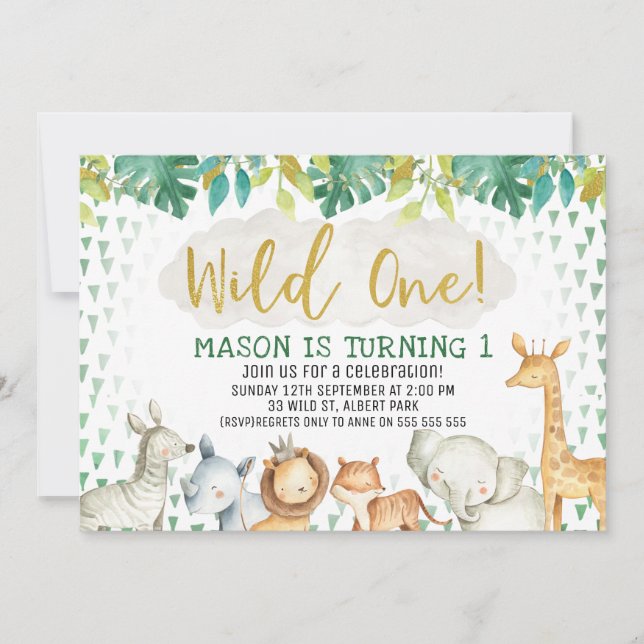 Jungle Safari Wild One 1st Birthday Invitation (Front)