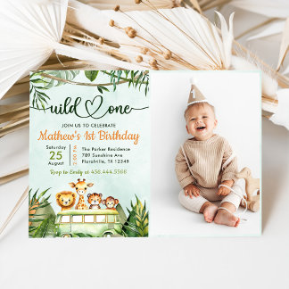 Jungle Safari Wild One 1st Birthday Photo Invitation