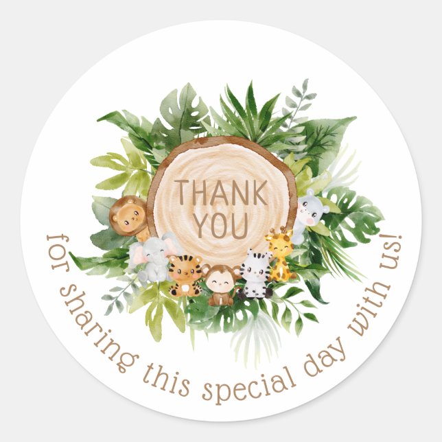 Jungle Safari Woodland Animals Thank You Classic Round Sticker (Front)