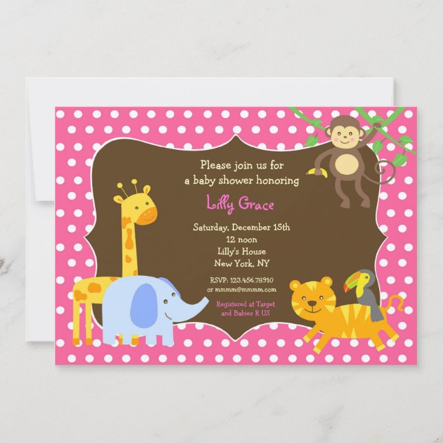 Jungle Safari Zoo Baby Shower Invitations Girl (Front)