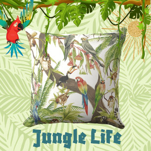 Jungle Scene Tropical Birds, Critters, Foliage  Cushion