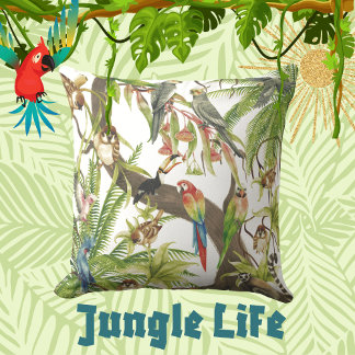 Jungle Scene Tropical Birds, Critters, Foliage  Cushion