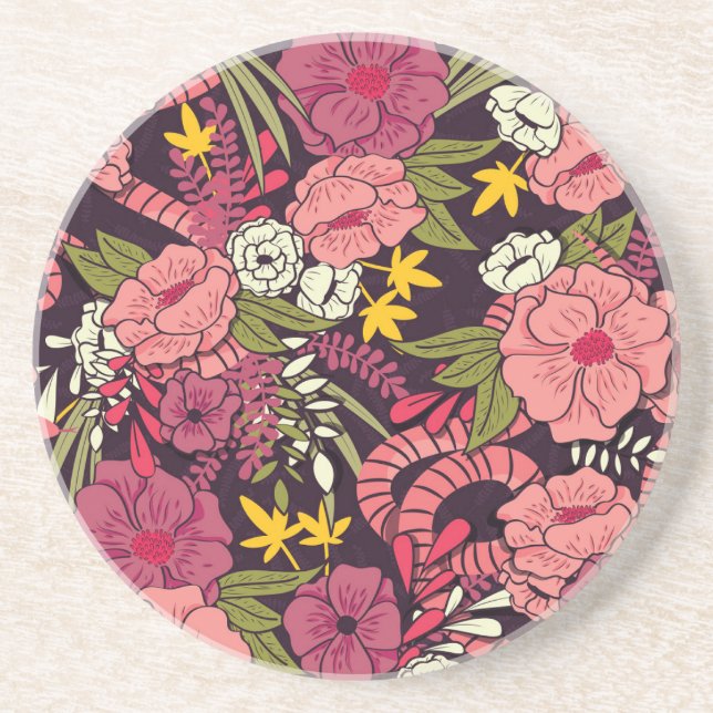 Jungle snakes, tropical flowers, vintage pattern. coaster (Front)
