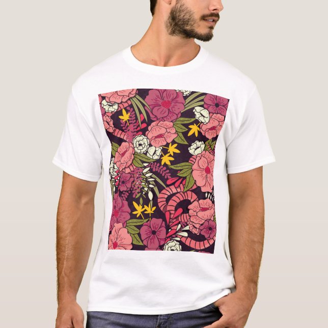 Jungle snakes, tropical flowers, vintage pattern. T-Shirt (Front)