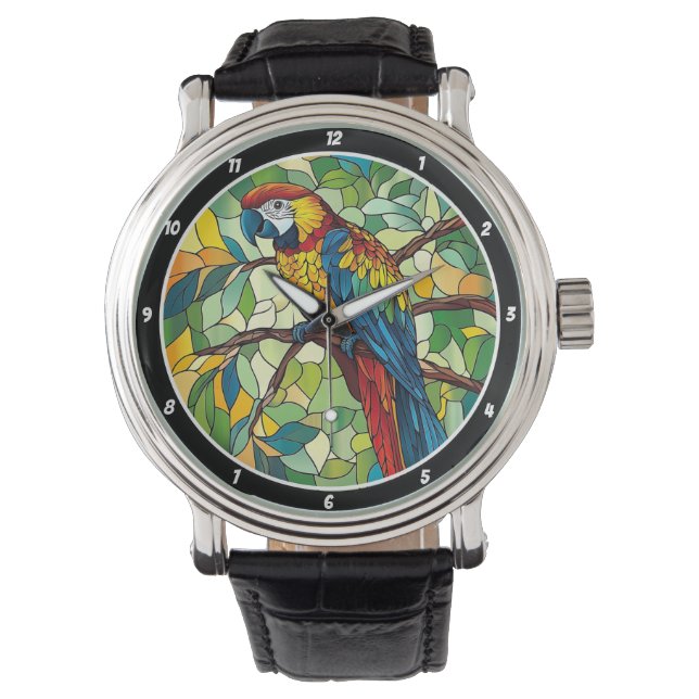 Jungle Symphony" - Stained Glass Macaw Wall Watch (Front)