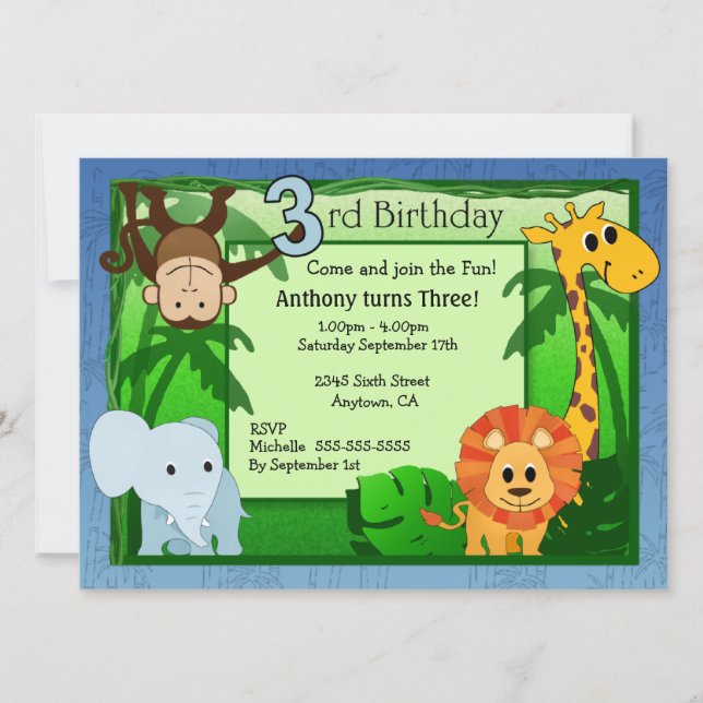 Jungle Theme 3rd Birthday Invitation (Front)