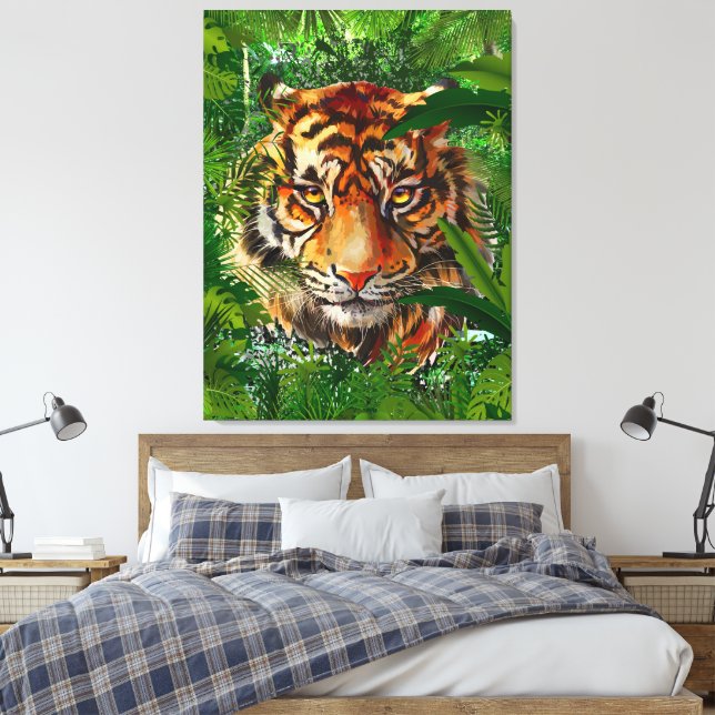 Jungle Tiger Canvas Print | Colourful Tiger Art (Insitu(Bedroom))