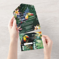 Jungle toucan bird watercolor frangipani monstera