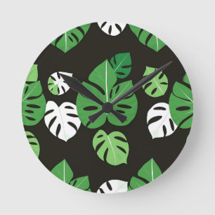 Jungle Tropical Monstera Leaves Black Background Round Clock