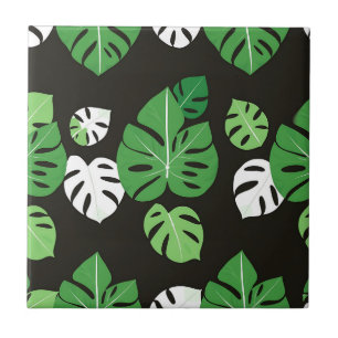 Jungle Tropical Monstera Leaves Black Background Tile