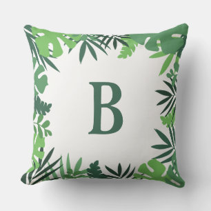 Jungle tropical palm leaves green monogram cushion