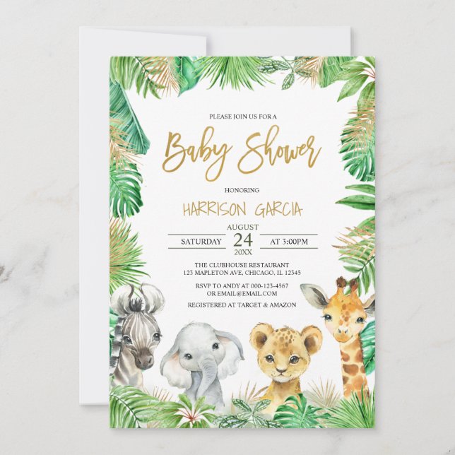 Jungle Tropical Safari Animals Baby Shower Invitation (Front)