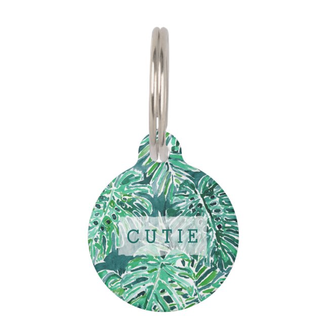 JUNGLE VIBES Green Tropical Monstera Pattern Pet Tag (Front)