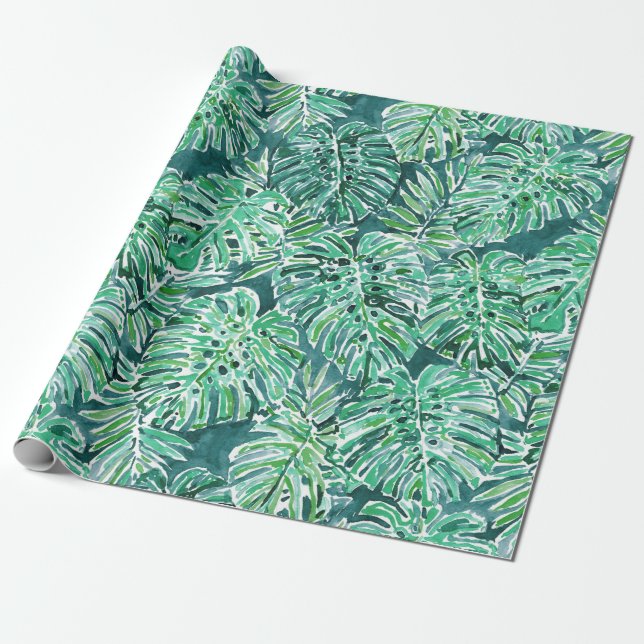 JUNGLE VIBES Green Tropical Monstera Pattern Wrapping Paper (Unrolled)