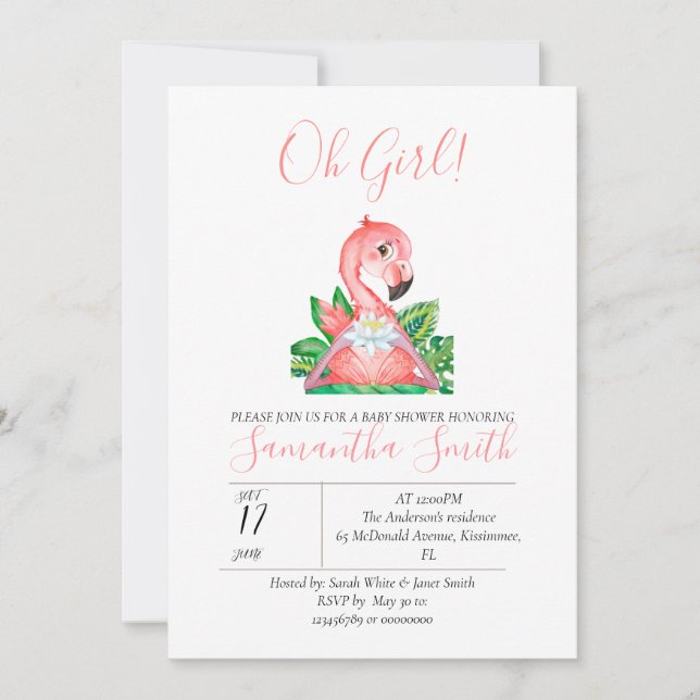 Jungle Watercolor Baby Shower Pink Flamingo Invita Invitation (Front)