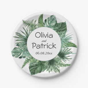 Jungle watercolor tropical green leaves  paper plate