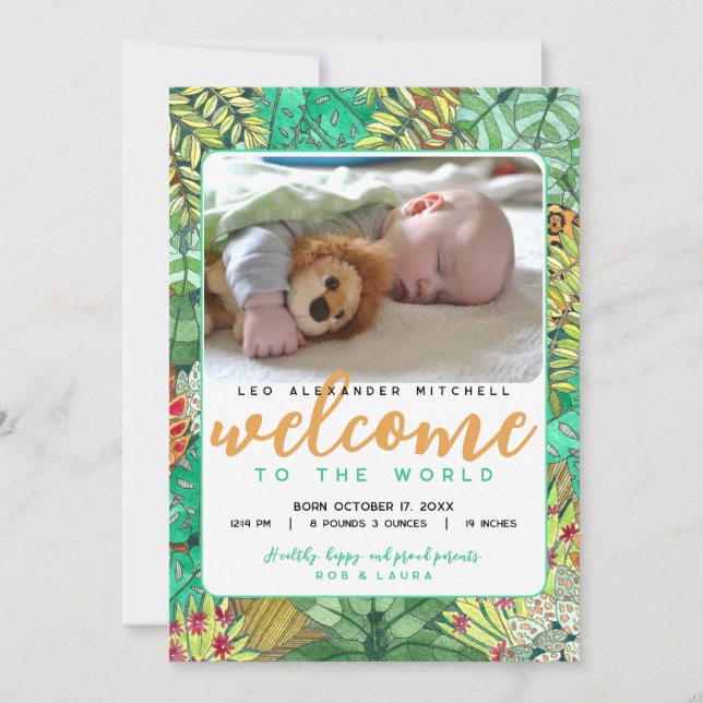 Jungle Welcome to the World Photo Birth Announcement (Front)