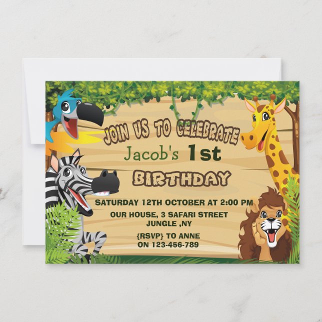 Jungle Wild Animals First Birthday Invitation (Front)