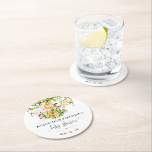 Jungle Wild Baby Animals Tropical Baby Shower Round Paper Coaster