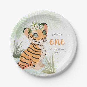 Jungle Wild & Free Floral 1st Birthday Tiger Paper Plate