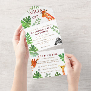 Jungle Wild One 1st Birthday Boy Safari Animal  All In One Invitation