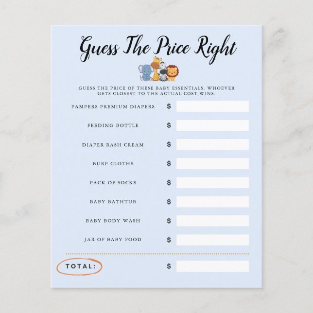 Jungle Wild One Baby Shower Game Guess The Price (Front)
