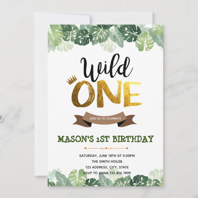 Jungle wild one birthday invitation (Front)
