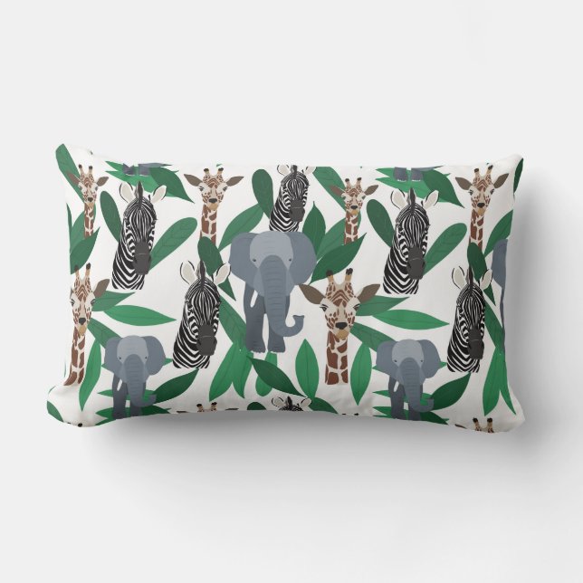 Jungle Zebra Elephant Giraffe Safari Animals Lumbar Cushion (Front)